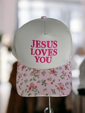Jesus Loves You Embroidered Floral Mesh Snapback Trucker Cap, NEW